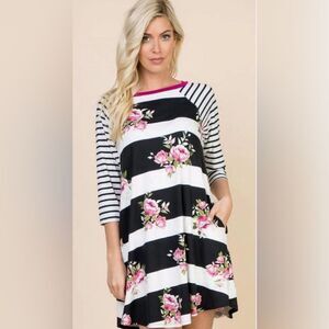 Emerald 3/4 striped sleeve floral striped tunic dress with pockets